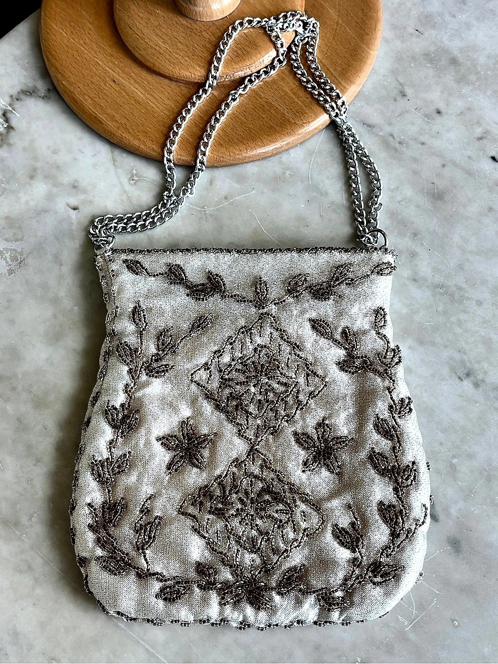 Vintage Walborg Beaded Evening Bag Cream Silver Floral Seed Bead Purse Hong Kong